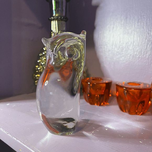 Vintage Clear Glass Handmade Big Bellied Owl Paper Weight - Picture 5 of 6